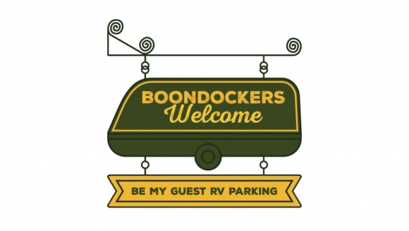 Boondockers Welcome logo of an RV-shaped plaque with the message "Be my guest RV parking"