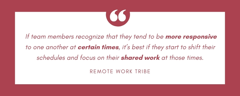  If team members recognize that they tend to be more responsive to one another at certain times, it’s best if they start to shift their schedules and focus on their shared work at those times.